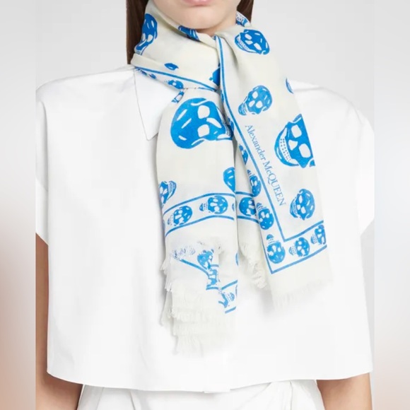 Alexander McQueen Accessories - $395 Alexander McQueen 100% Wool Skull Print Scarf with tags - Ivory and Blue